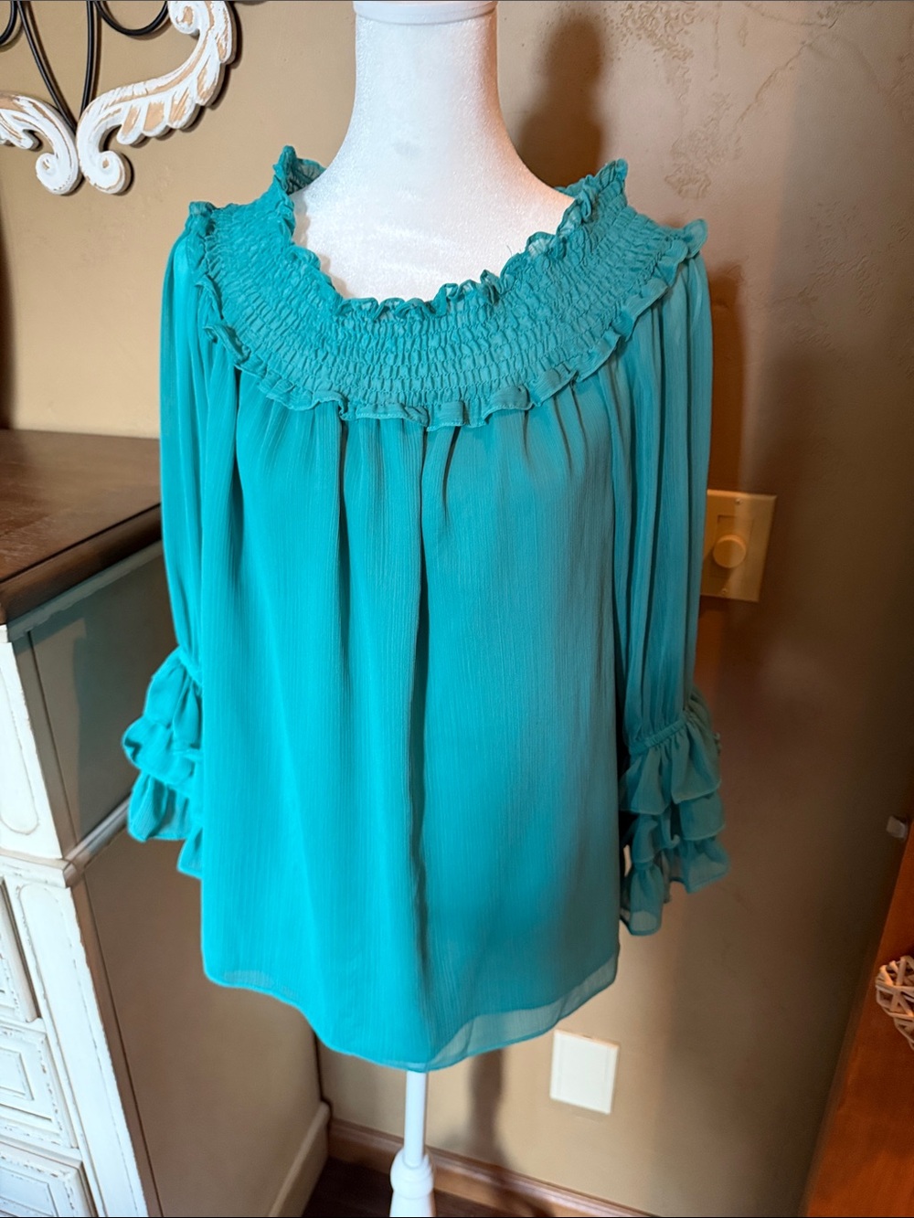 Smocked Ruffle Off-Shoulder Blouse in Teal